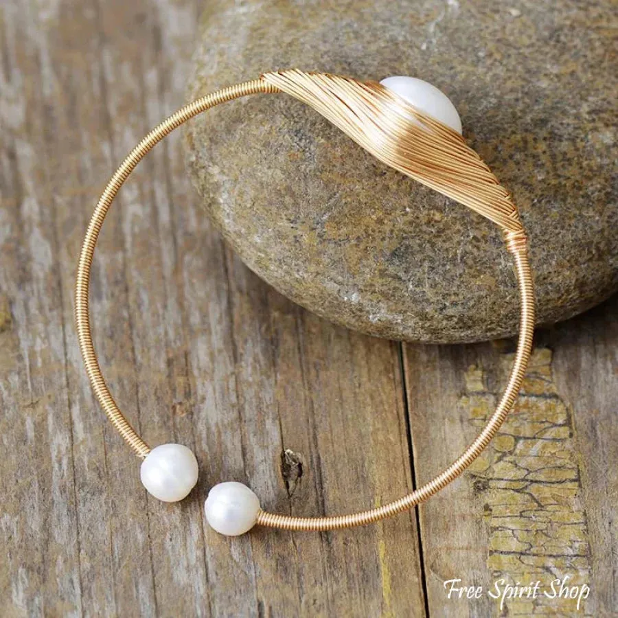 Handmade Freshwater Pearl Braided Gold Cuff Bracelet