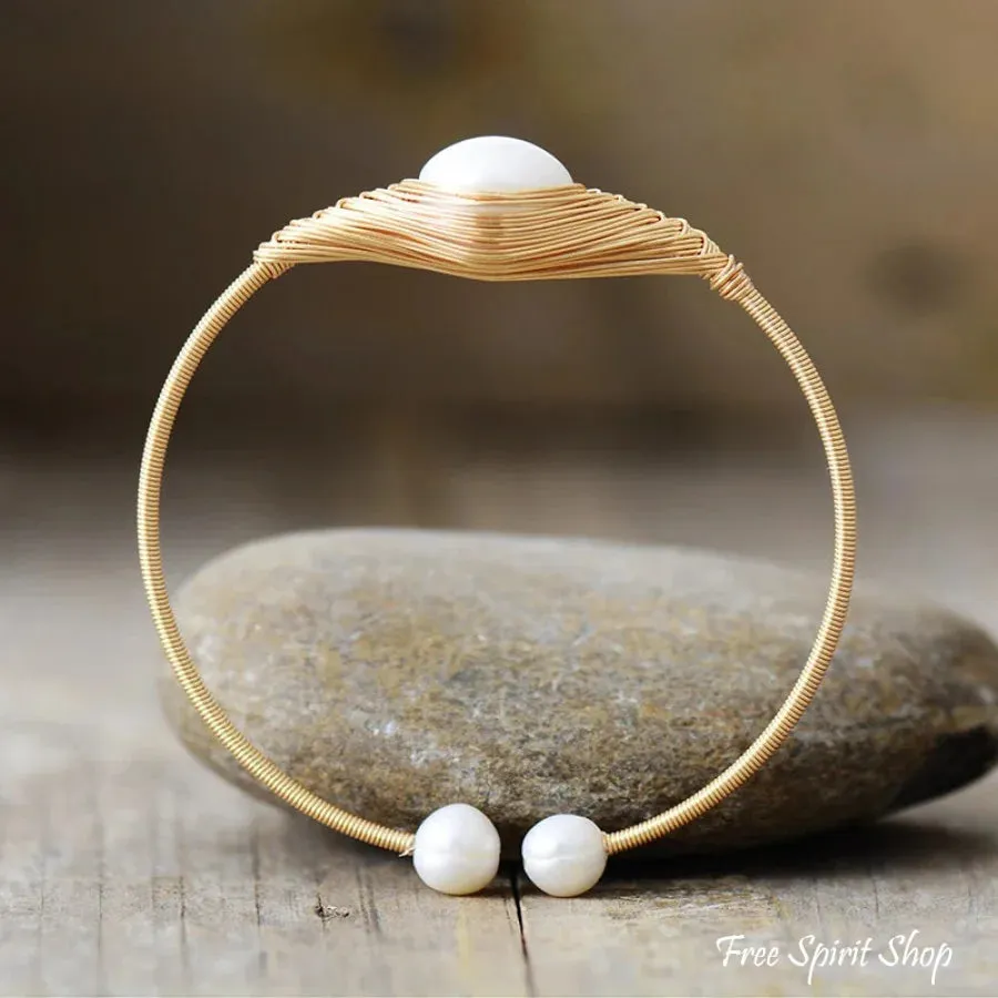 Handmade Freshwater Pearl Braided Gold Cuff Bracelet