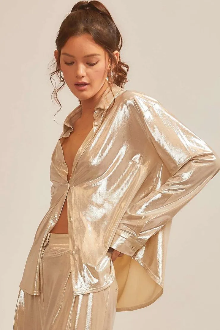 Hera Liquid Champagne Metallic Trousers and Button Up (Sold Separately)