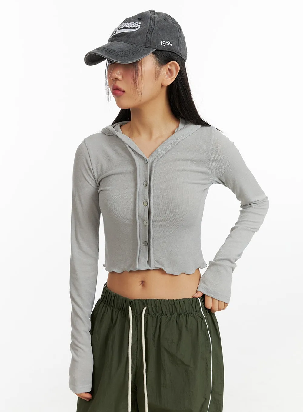 Hooded Button Crop Top CF414