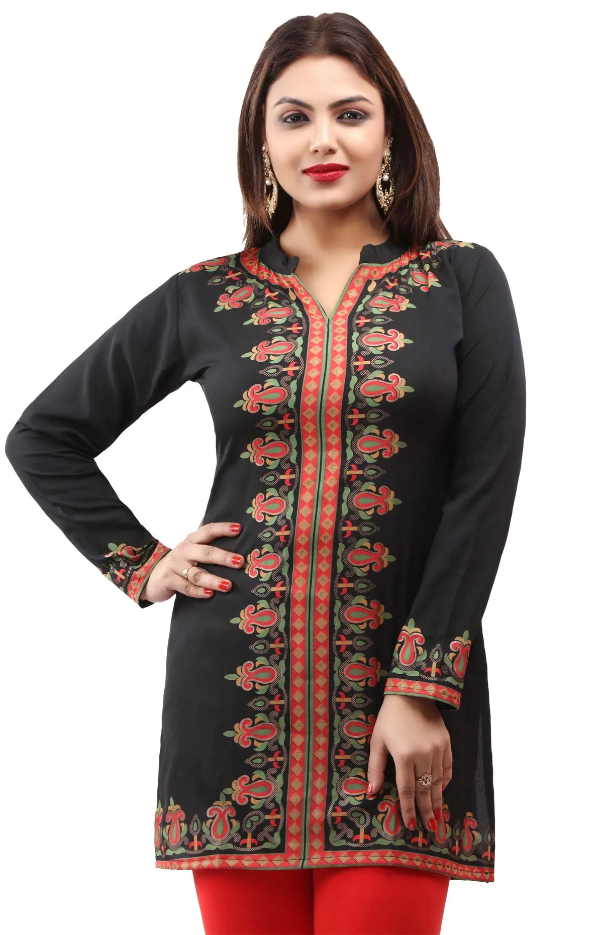 India Kurti Women's Blouse Printed Indian Clothing (Black)