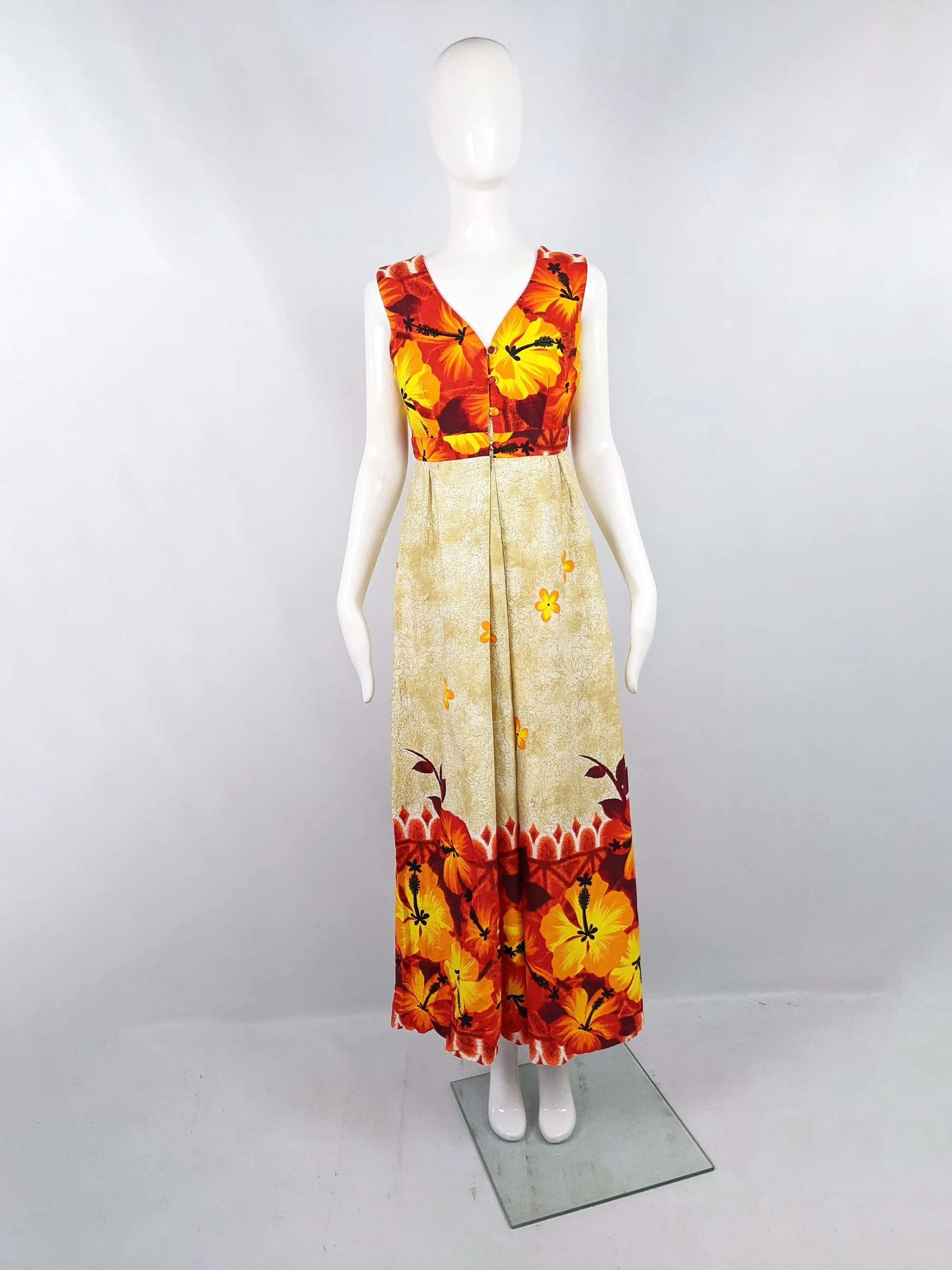 Island Casuals Vintage Sleeveless Orange Hawaiian Maxi Dress, 1960s