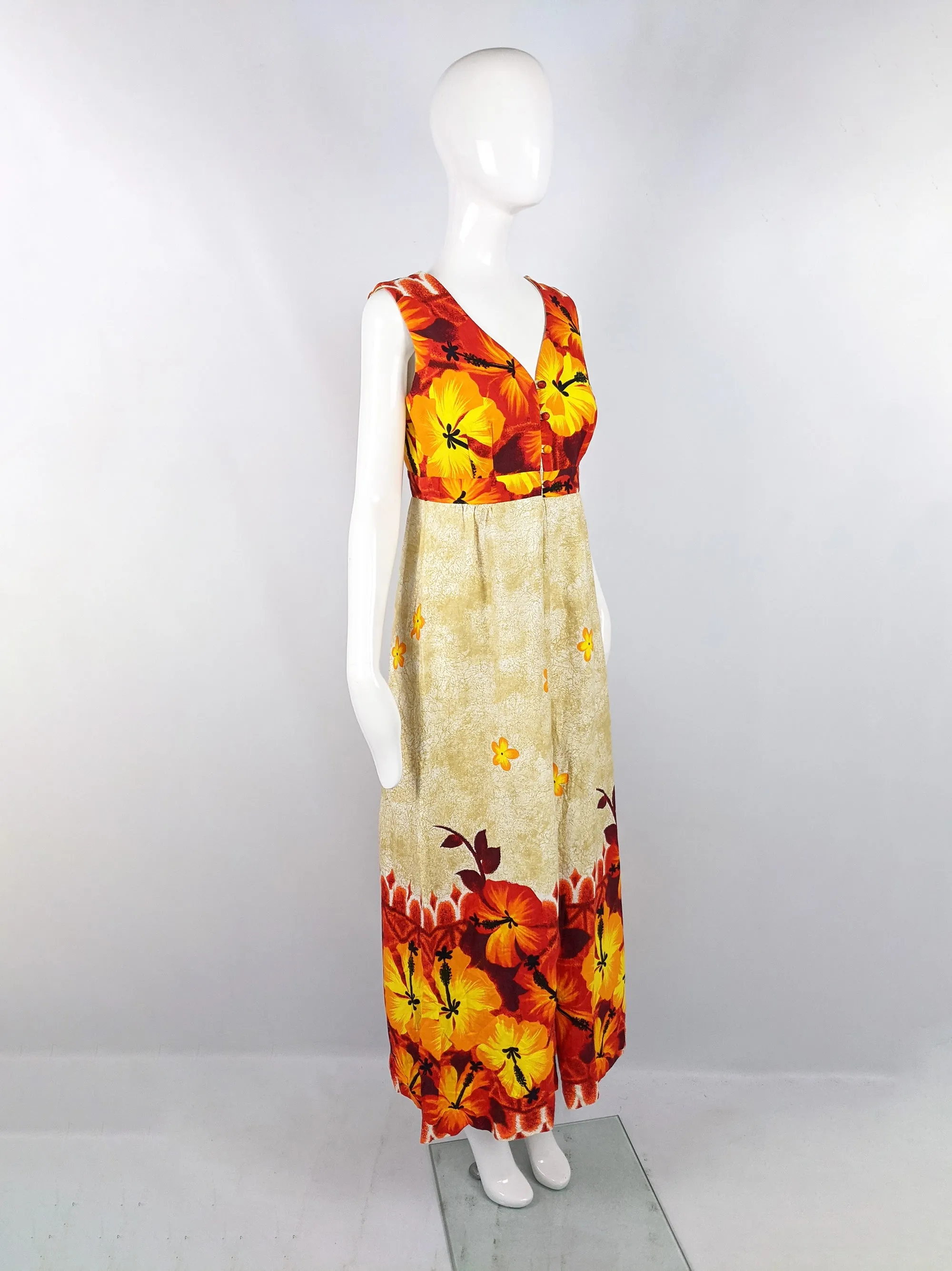 Island Casuals Vintage Sleeveless Orange Hawaiian Maxi Dress, 1960s