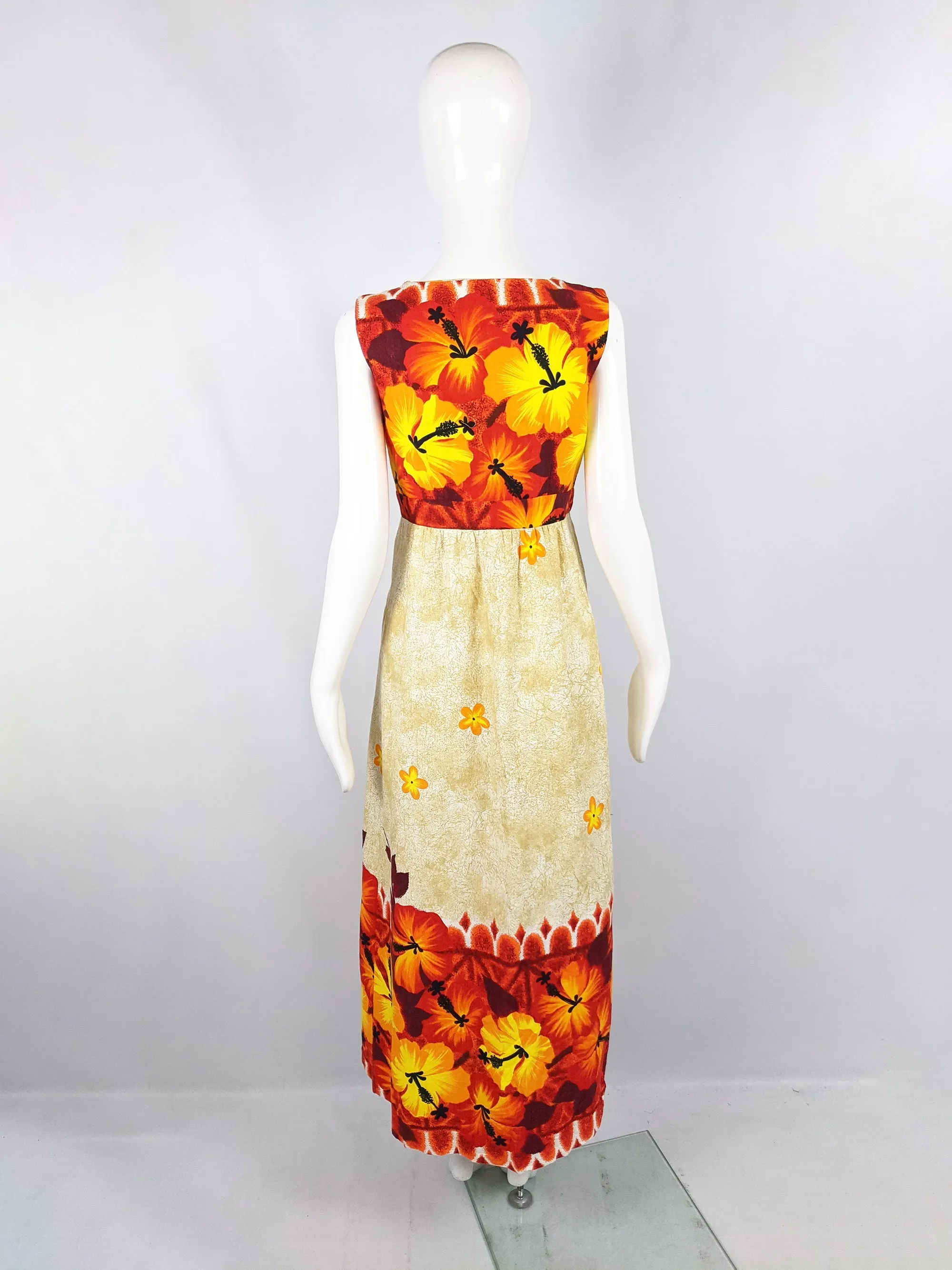 Island Casuals Vintage Sleeveless Orange Hawaiian Maxi Dress, 1960s