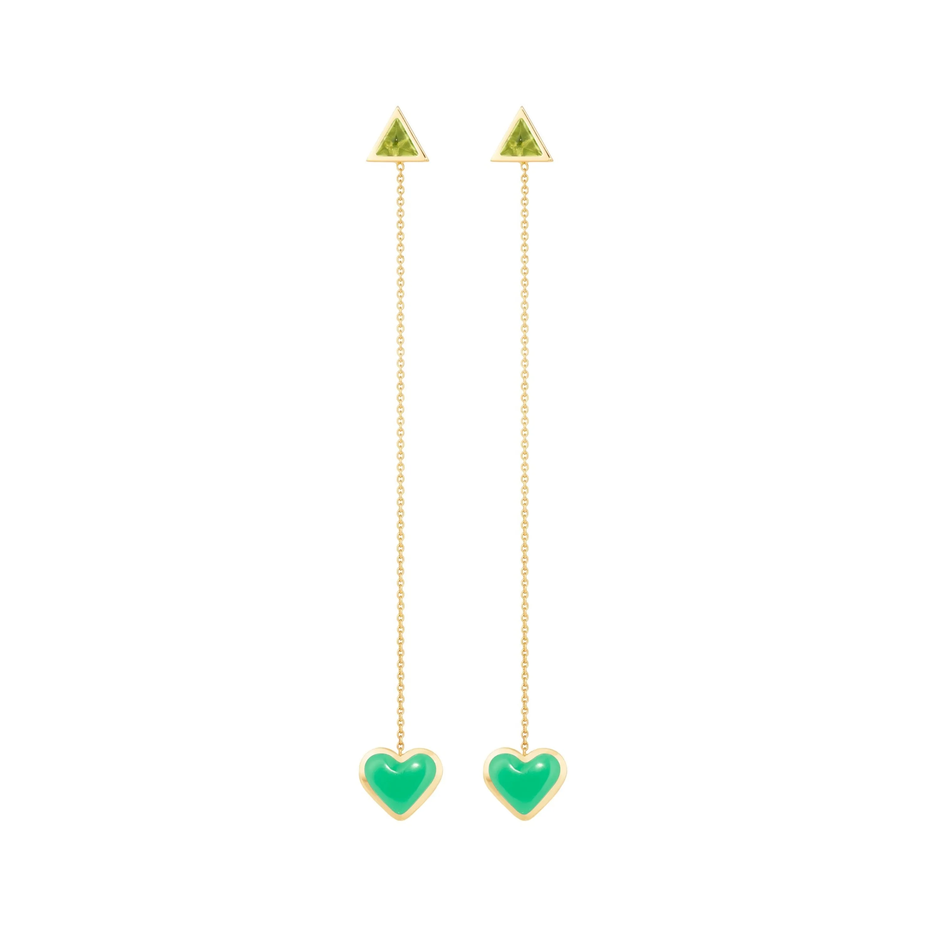 Love sticker chain earrings yellow gold with chrysoprase and peridot