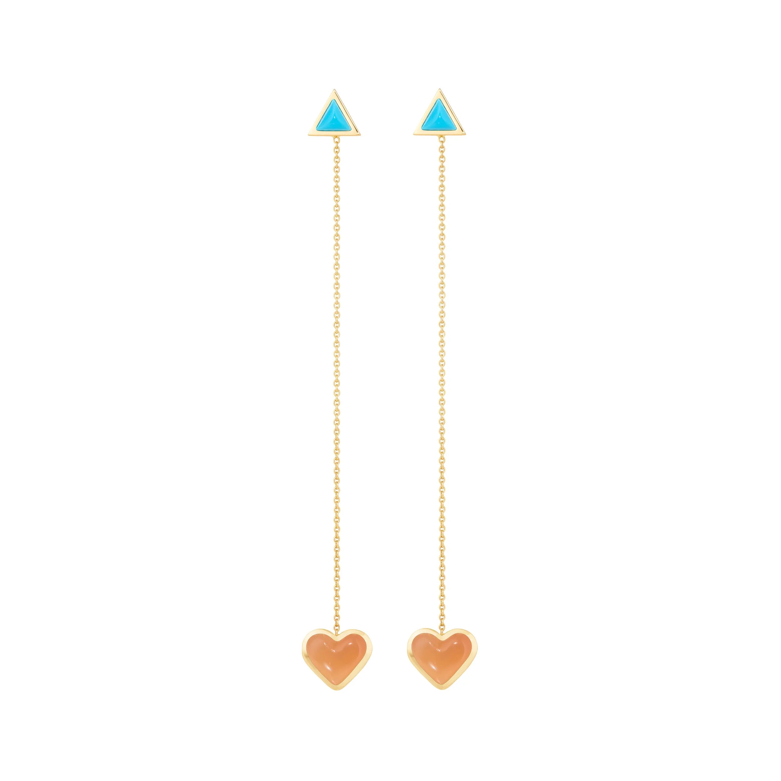 Love sticker chain earrings yellow gold with orange moonstone and turquoise