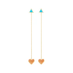 Love sticker chain earrings yellow gold with orange moonstone and turquoise