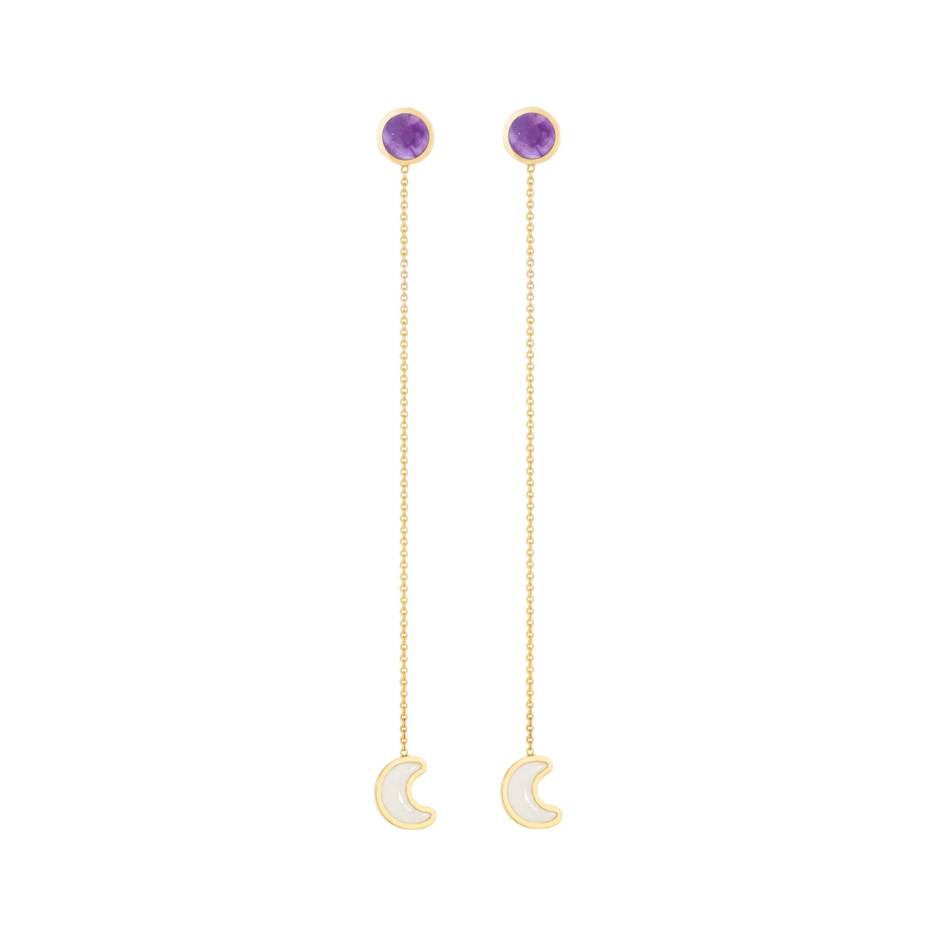 Luna sticker chain earrings yellow gold with enamel and amethyst