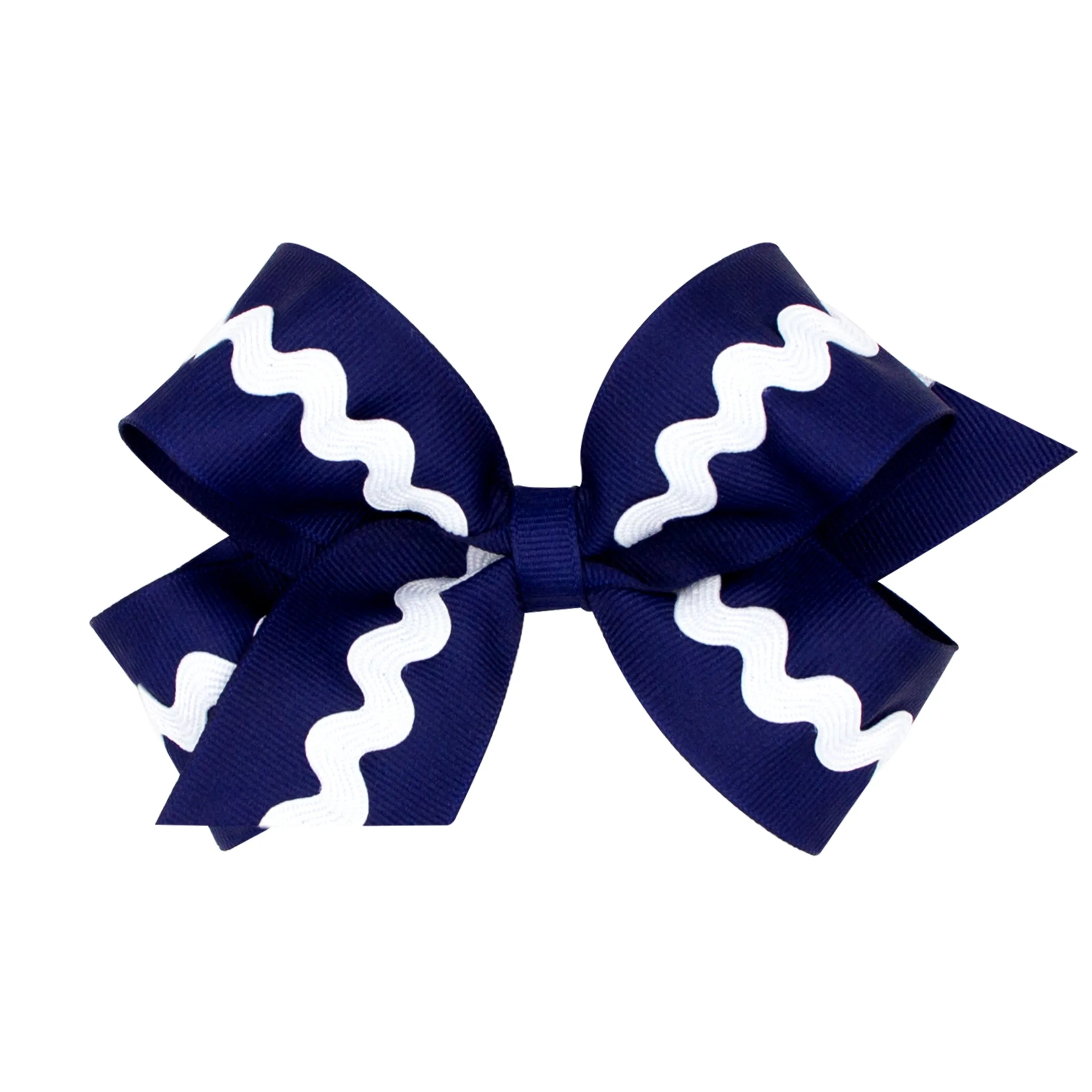 Medium Grosgrain Hair Bow with White Ricrac - Light Navy