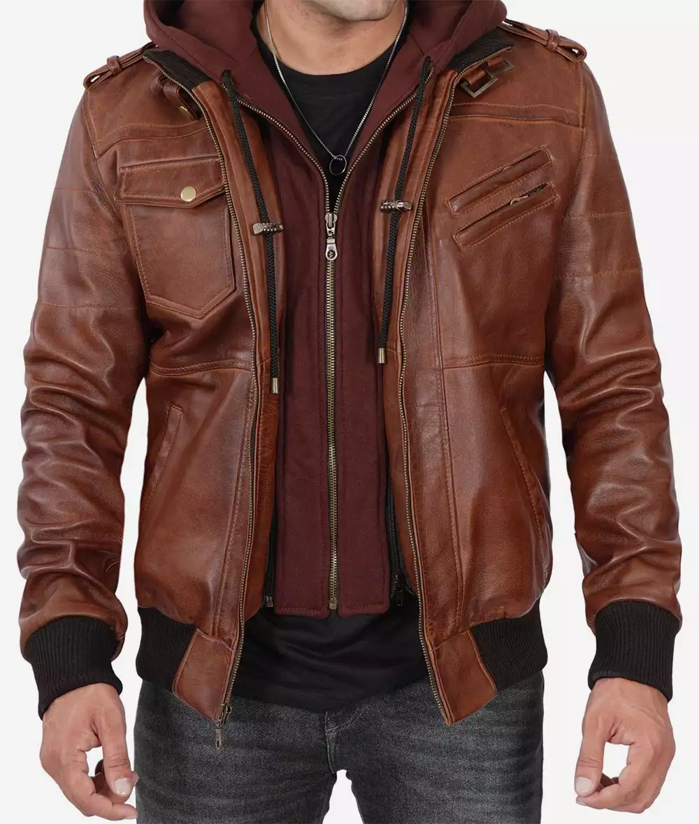 Men's Tall Brown Bomber Hooded Leather Jacket 