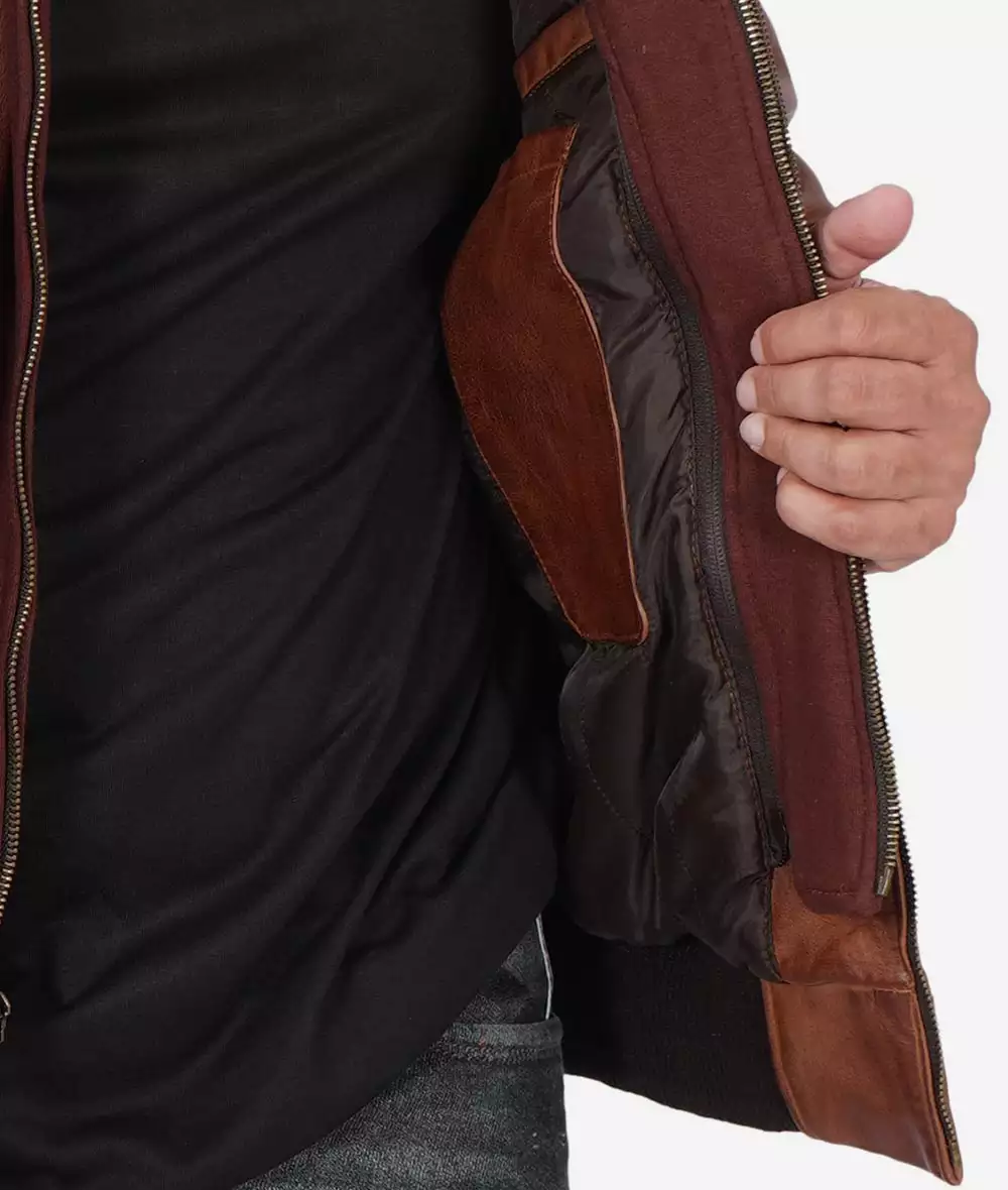 Men's Tall Brown Bomber Hooded Leather Jacket 