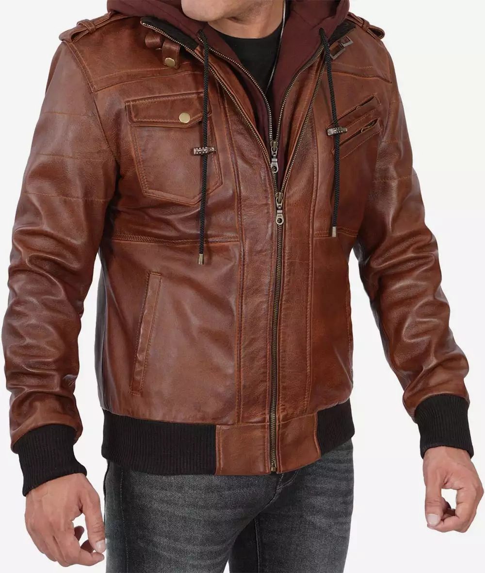 Men's Tall Brown Bomber Hooded Leather Jacket 