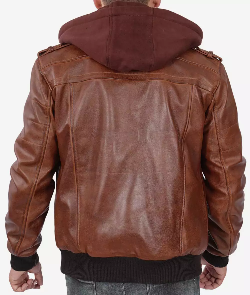 Men's Tall Brown Bomber Hooded Leather Jacket 