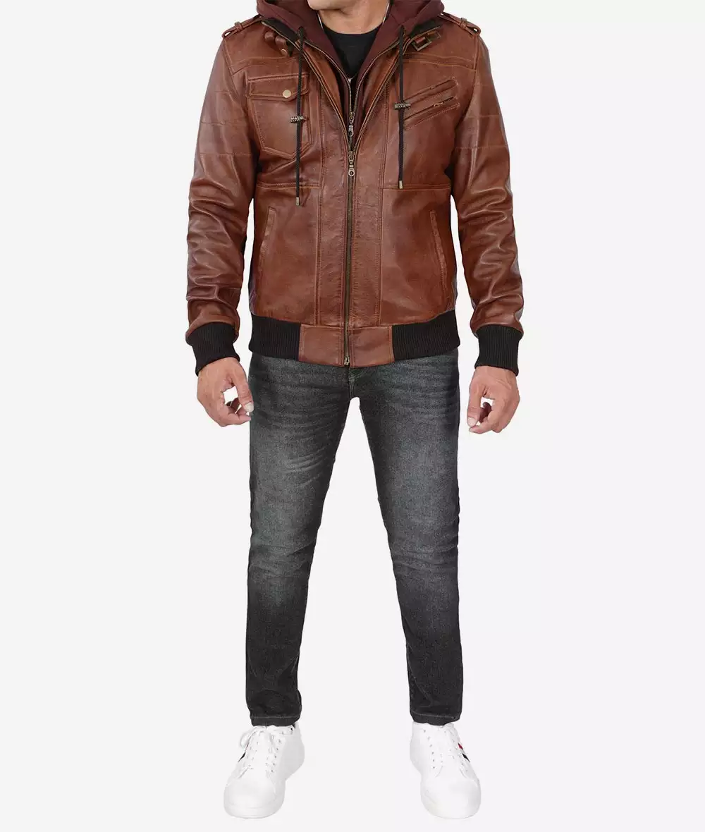 Men's Tall Brown Bomber Hooded Leather Jacket 