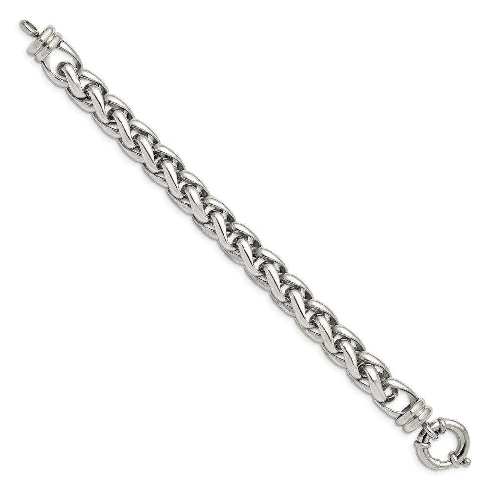 Men's 12mm Stainless Steel Polished Fancy Spiga Chain Bracelet, 8 Inch