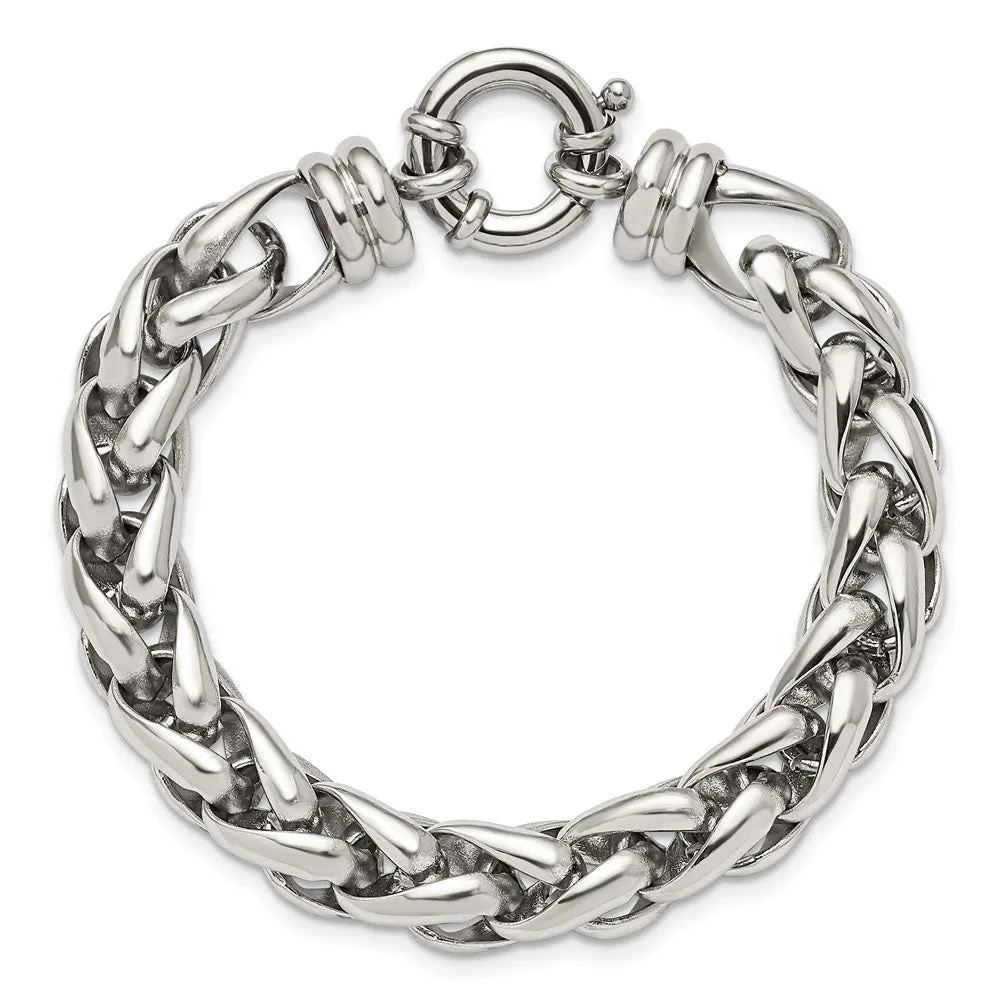 Men's 12mm Stainless Steel Polished Fancy Spiga Chain Bracelet, 8 Inch