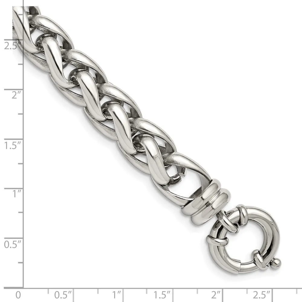 Men's 12mm Stainless Steel Polished Fancy Spiga Chain Bracelet, 8 Inch