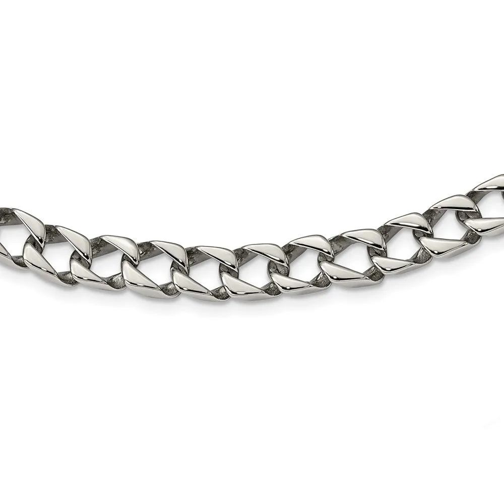 Men's 9mm Stainless Steel Polished Square Curb Chain Necklace, 24 Inch