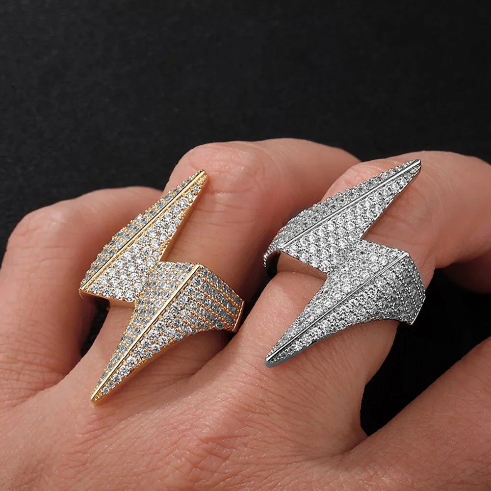 Men's Copper Iced Out CZ Lightning Geometric Pattern Party Ring