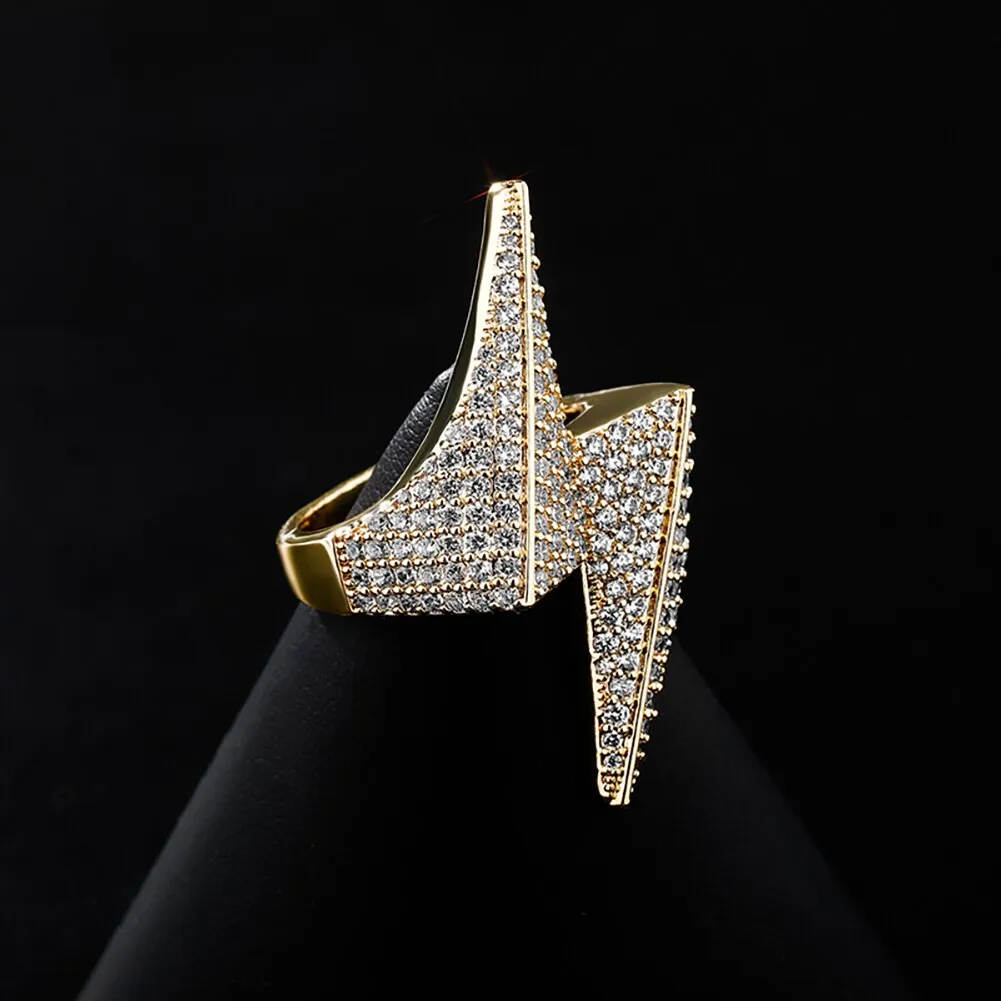 Men's Copper Iced Out CZ Lightning Geometric Pattern Party Ring