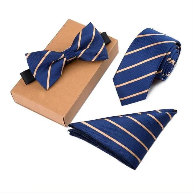 Men's Cravate Slim Tie Bow Tie Handkerchief and Pocket Square Set