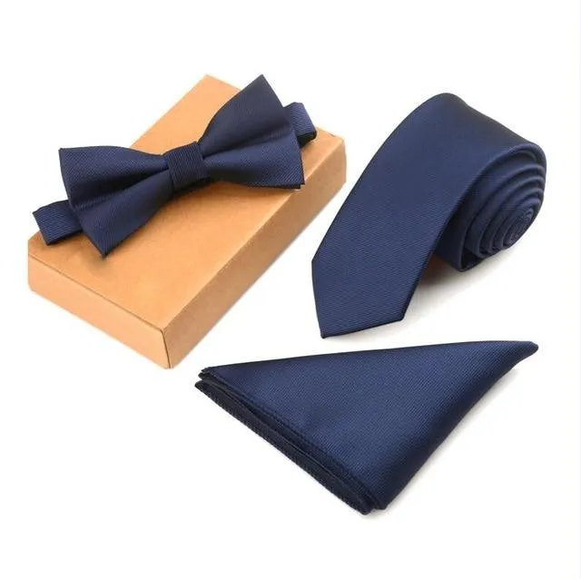 Men's Cravate Slim Tie Bow Tie Handkerchief and Pocket Square Set