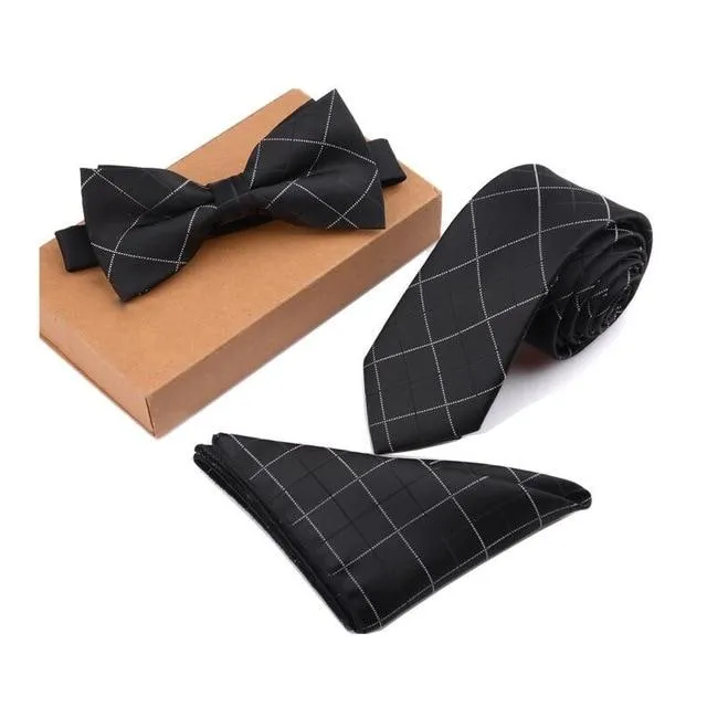 Men's Cravate Slim Tie Bow Tie Handkerchief and Pocket Square Set