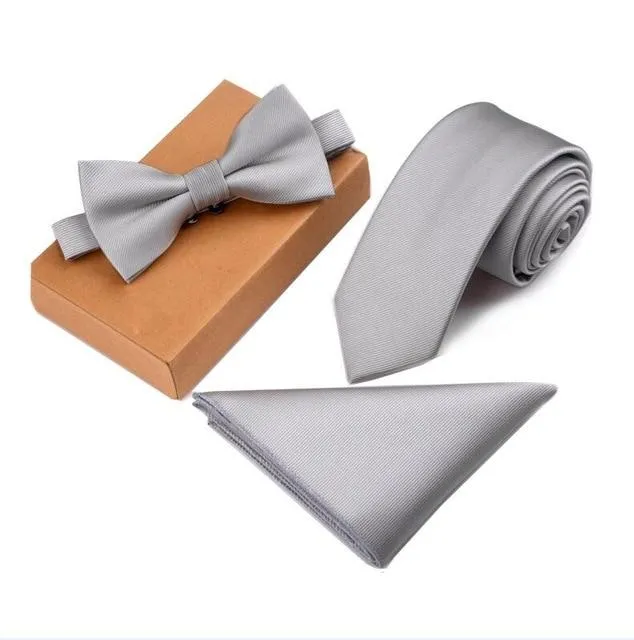 Men's Cravate Slim Tie Bow Tie Handkerchief and Pocket Square Set