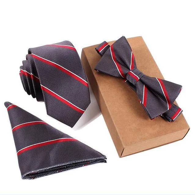 Men's Cravate Slim Tie Bow Tie Handkerchief and Pocket Square Set