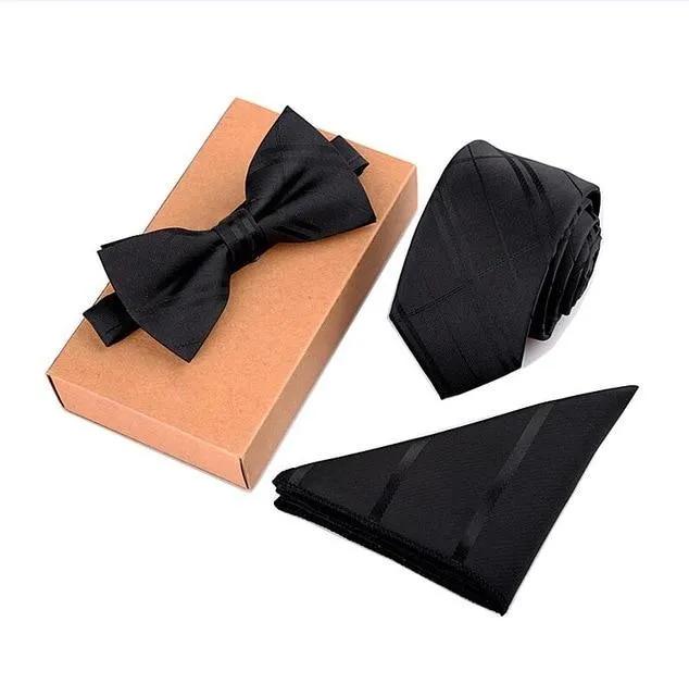 Men's Cravate Slim Tie Bow Tie Handkerchief and Pocket Square Set