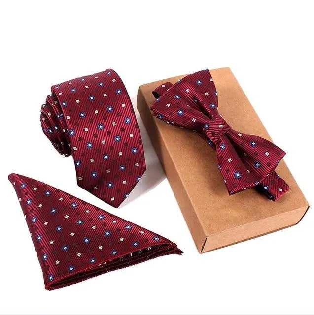 Men's Cravate Slim Tie Bow Tie Handkerchief and Pocket Square Set