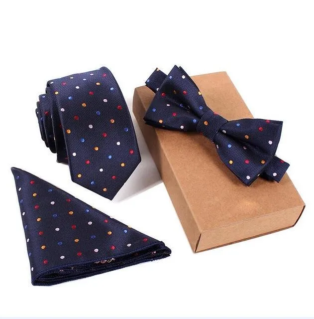 Men's Cravate Slim Tie Bow Tie Handkerchief and Pocket Square Set