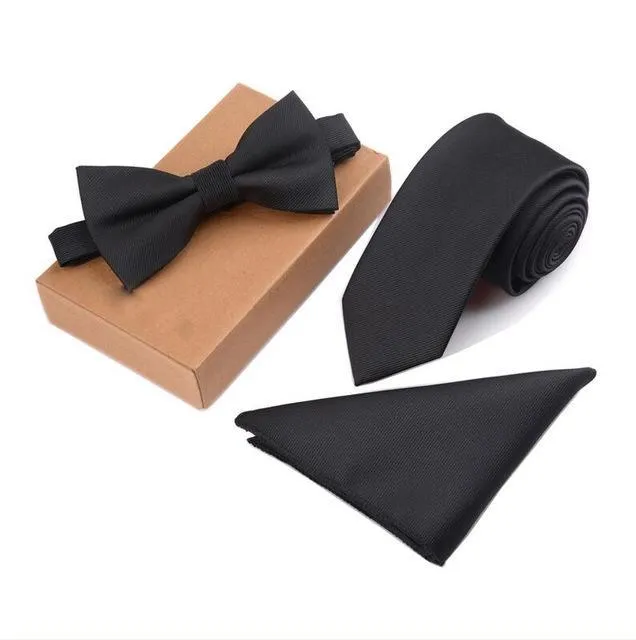 Men's Cravate Slim Tie Bow Tie Handkerchief and Pocket Square Set