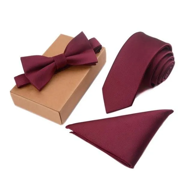 Men's Cravate Slim Tie Bow Tie Handkerchief and Pocket Square Set