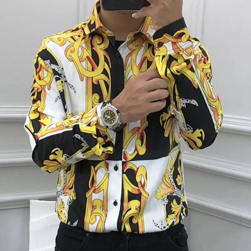 Men's Luxury Casual Floral Printed Pattern Slim Fit Long Sleeve Shirt