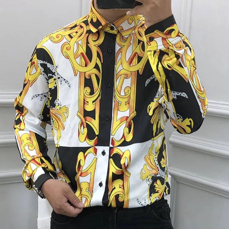 Men's Luxury Casual Floral Printed Pattern Slim Fit Long Sleeve Shirt