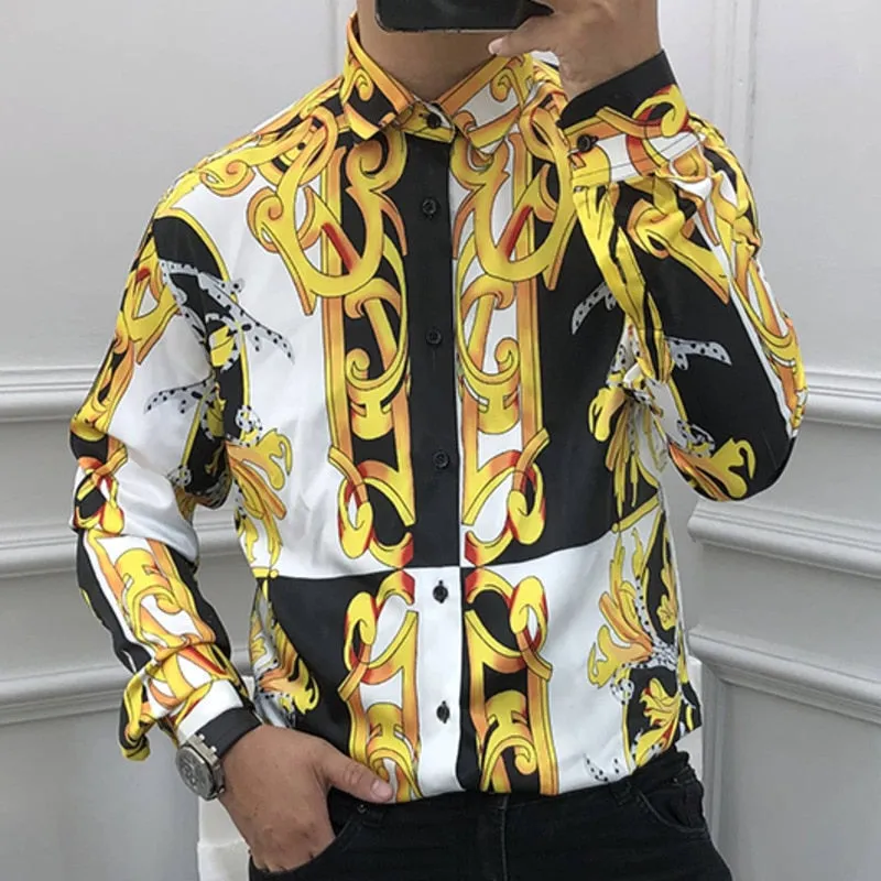 Men's Luxury Casual Floral Printed Pattern Slim Fit Long Sleeve Shirt