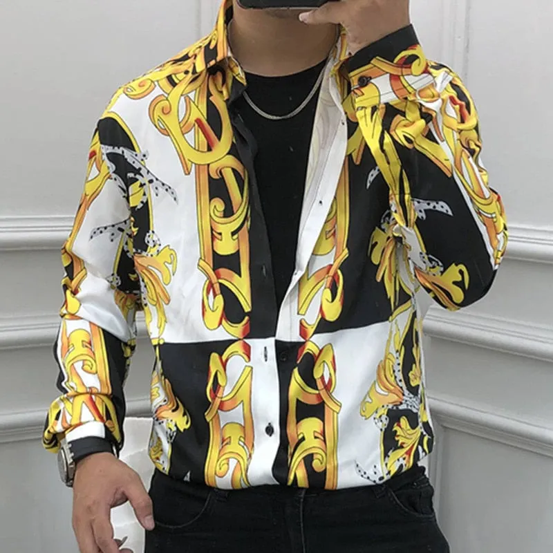 Men's Luxury Casual Floral Printed Pattern Slim Fit Long Sleeve Shirt