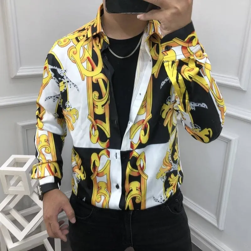 Men's Luxury Casual Floral Printed Pattern Slim Fit Long Sleeve Shirt