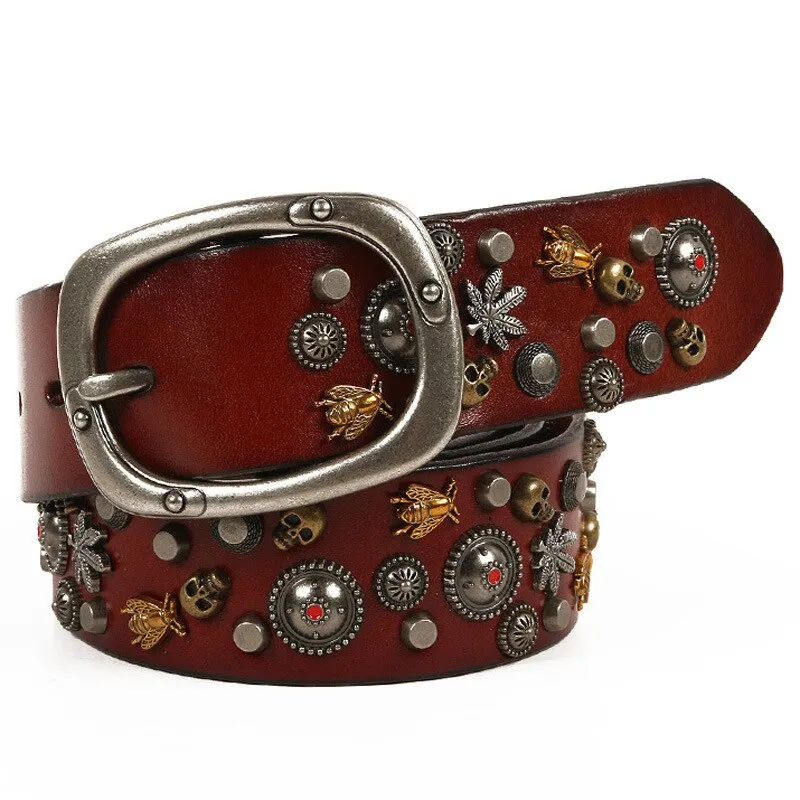 Men's Luxury Casual Top Layer Genuine Leather Alloy Pin Buckle Rivet Belt