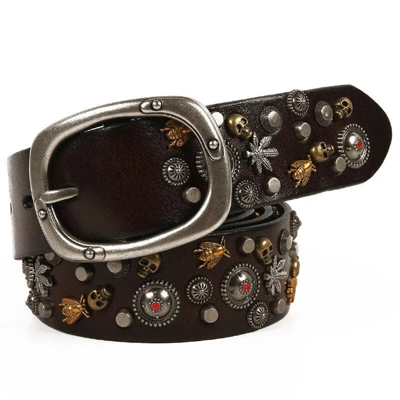 Men's Luxury Casual Top Layer Genuine Leather Alloy Pin Buckle Rivet Belt