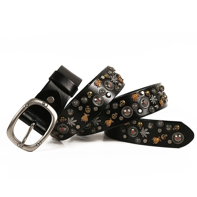 Men's Luxury Casual Top Layer Genuine Leather Alloy Pin Buckle Rivet Belt