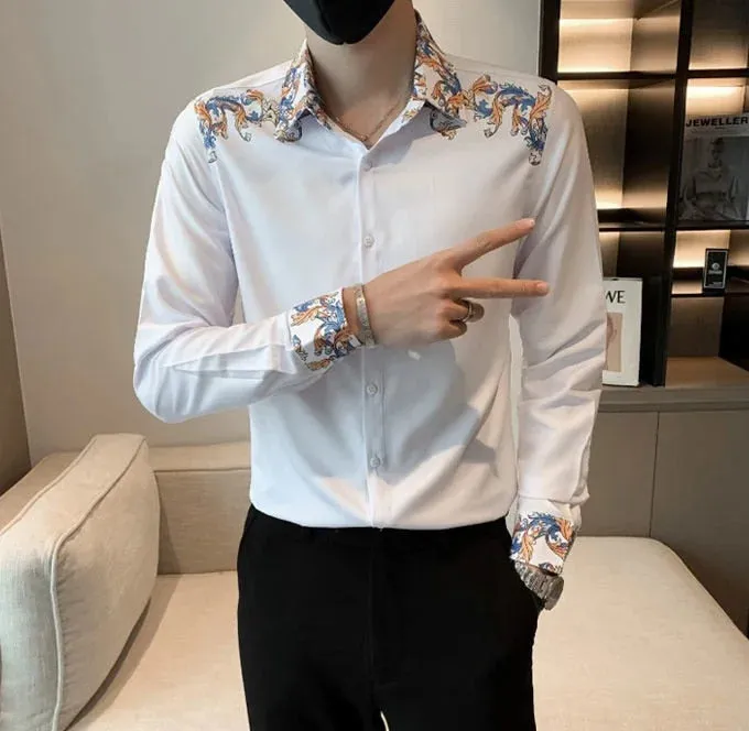 Men's Luxury Korean Long Sleeve Slim Fit Casual Streetwear Printed Shirt