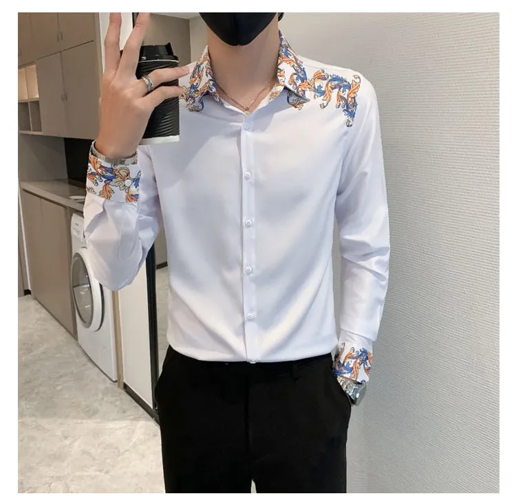 Men's Luxury Korean Long Sleeve Slim Fit Casual Streetwear Printed Shirt