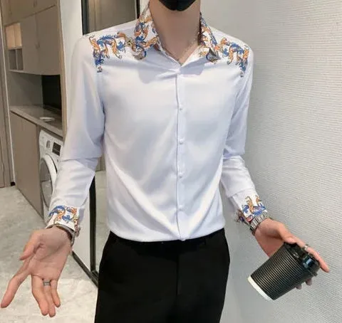 Men's Luxury Korean Long Sleeve Slim Fit Casual Streetwear Printed Shirt