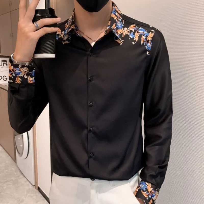 Men's Luxury Korean Long Sleeve Slim Fit Casual Streetwear Printed Shirt