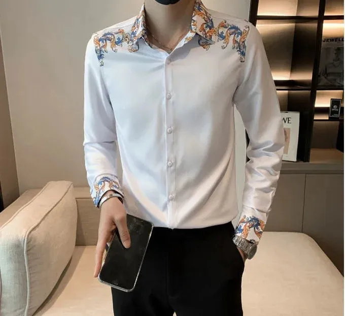 Men's Luxury Korean Long Sleeve Slim Fit Casual Streetwear Printed Shirt