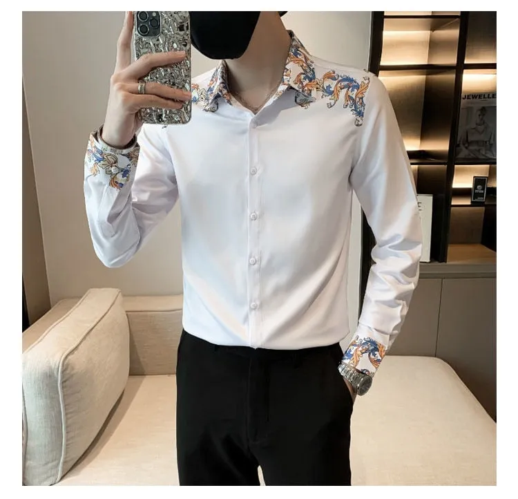 Men's Luxury Korean Long Sleeve Slim Fit Casual Streetwear Printed Shirt