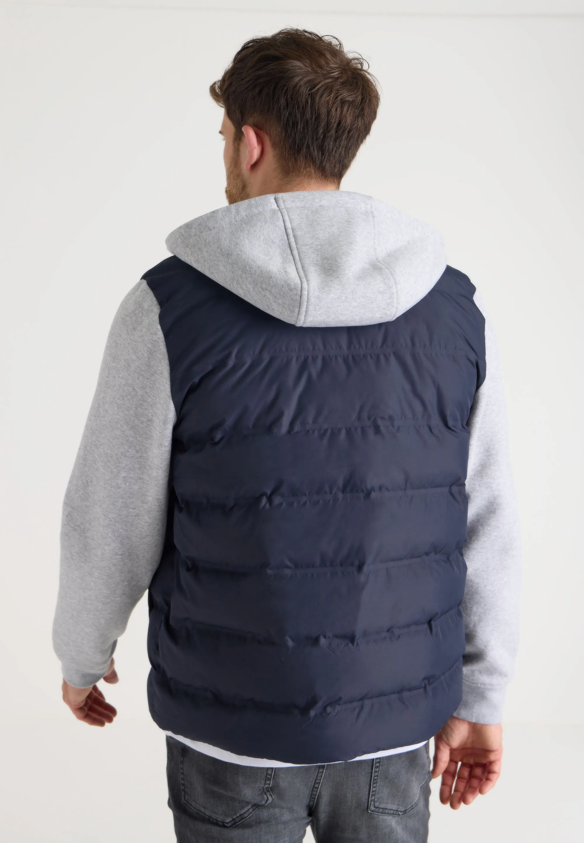 Mens Navy & Grey Hybrid Gilet Full Zip Hooded Jacket