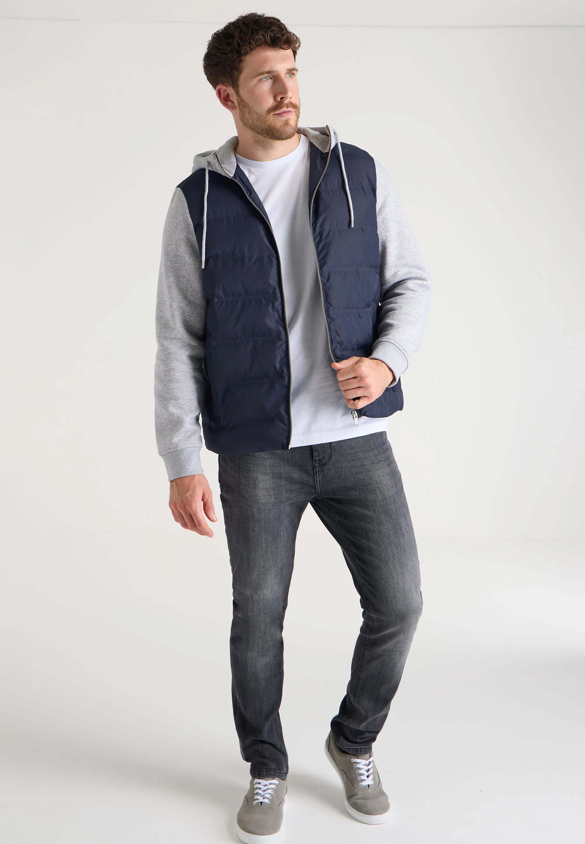 Mens Navy & Grey Hybrid Gilet Full Zip Hooded Jacket